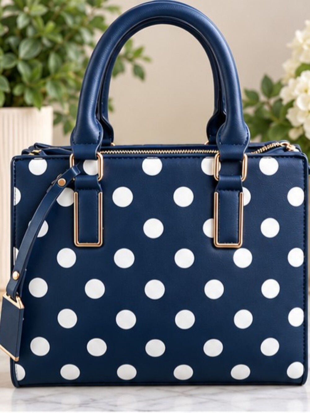 Miztique Navy and White Polka Dot Satchel